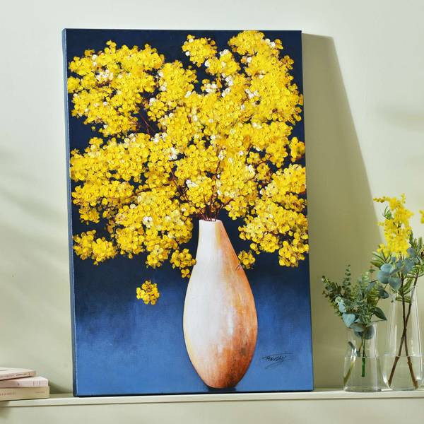 Tableau FLEURS bouquet vase bleu peinture acrylique et feuilles