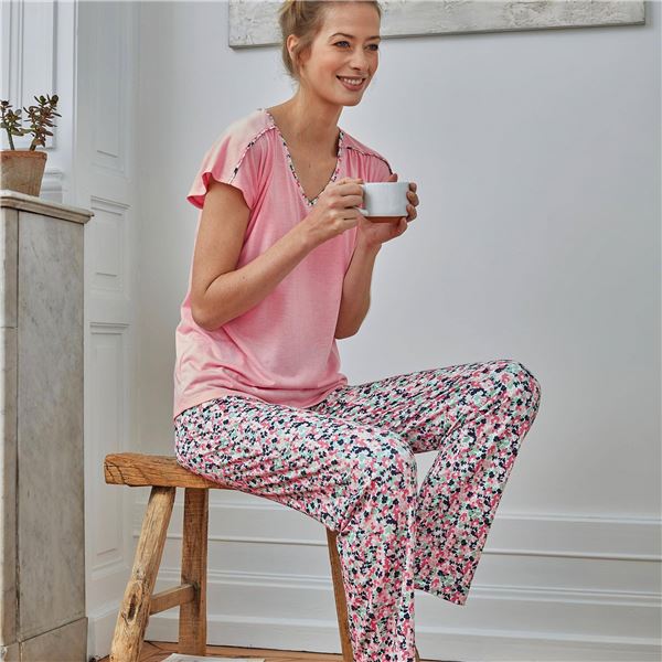 Pyjama Douillet à Fleurs - Lot De 3 - 100% Coton - Haut Manches Longues Et Bas - Taille élastique - Confort Nuit